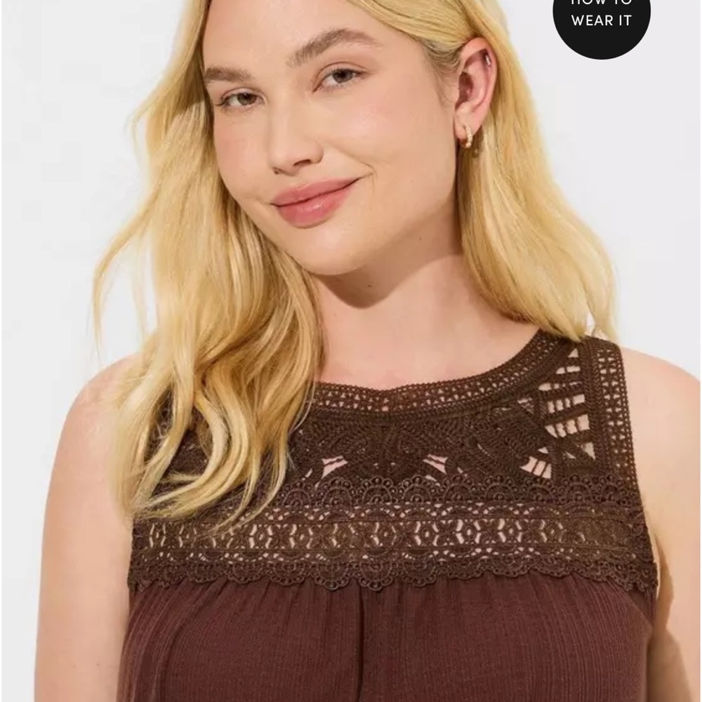 Torrid Deep Mahogany Texture Jersey Crew Neck Lace Yoke Swing Tank Size 1X - Picture 3 of 15